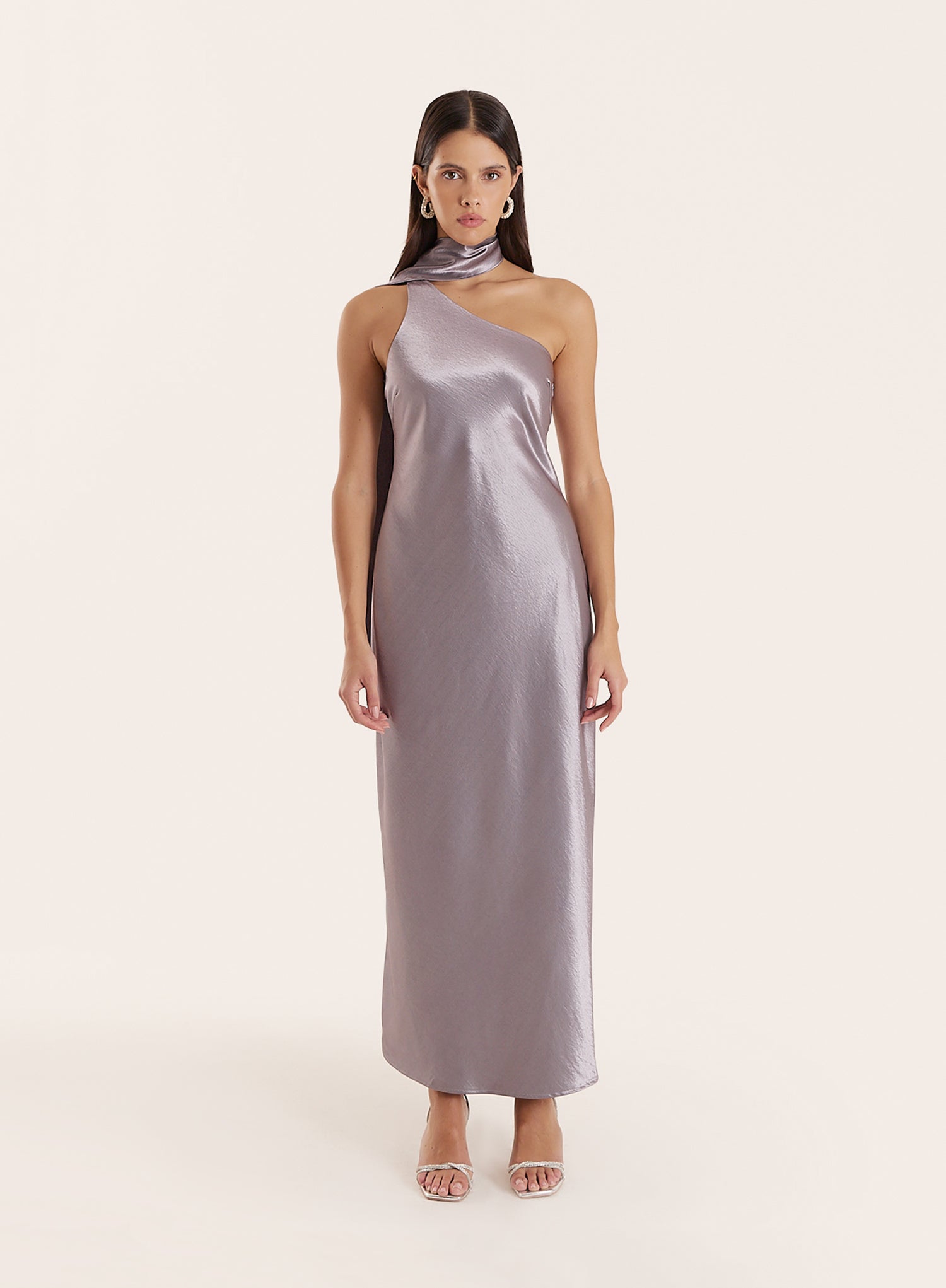 Silver Satin One Shoulder Scarf Neck Maxi Dress